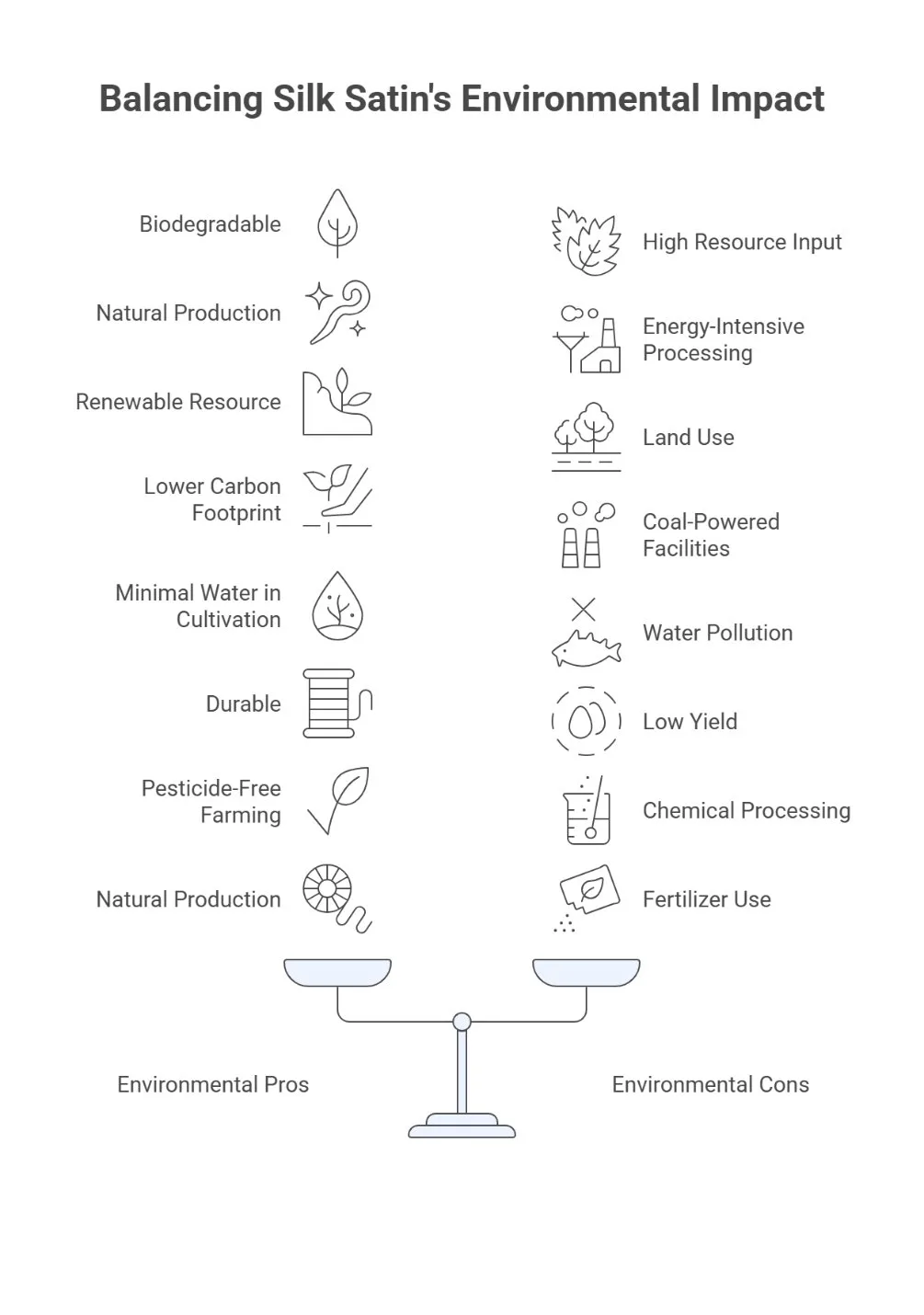 Infographic showing environmental pros and cons of silk satin production including biodegradability and resource use
