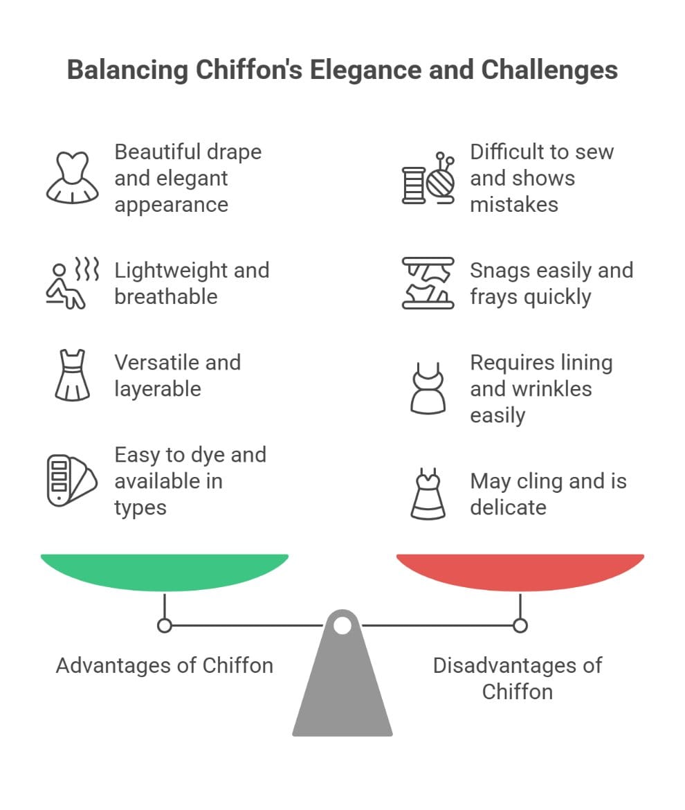 Infographic showing advantages and disadvantages of chiffon fabric including drape, breathability, and sewing challenges