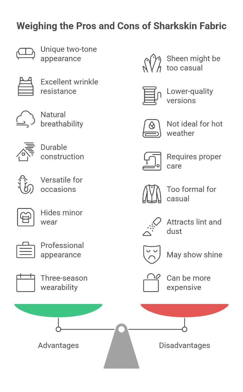 Advantages and disadvantages of wool sharkskin fabric shown with icons highlighting durability, wrinkle resistance, breathability, and potential drawbacks like shine and care needs