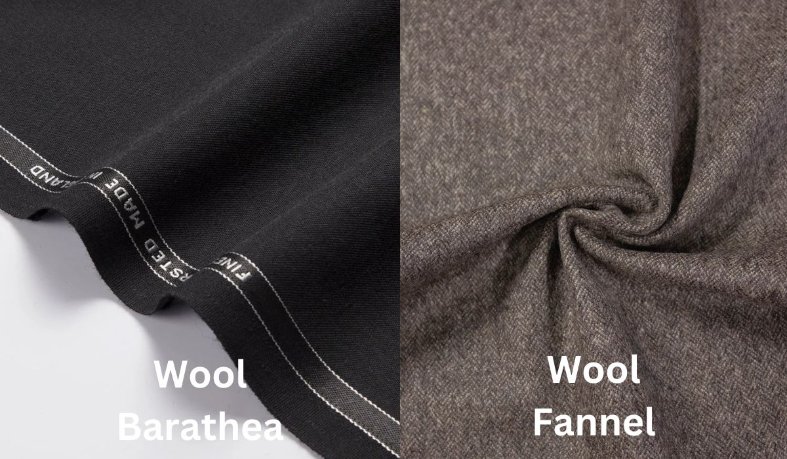 Comparison of barathea and wool flannel fabrics showing texture and surface finish
