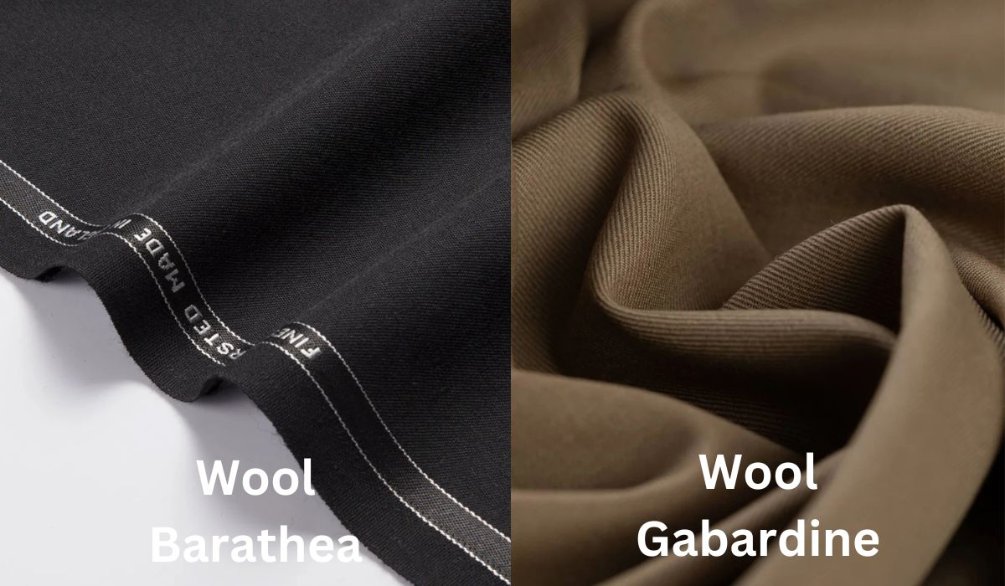 Barathea and wool gabardine fabrics compared for weave and drape differences