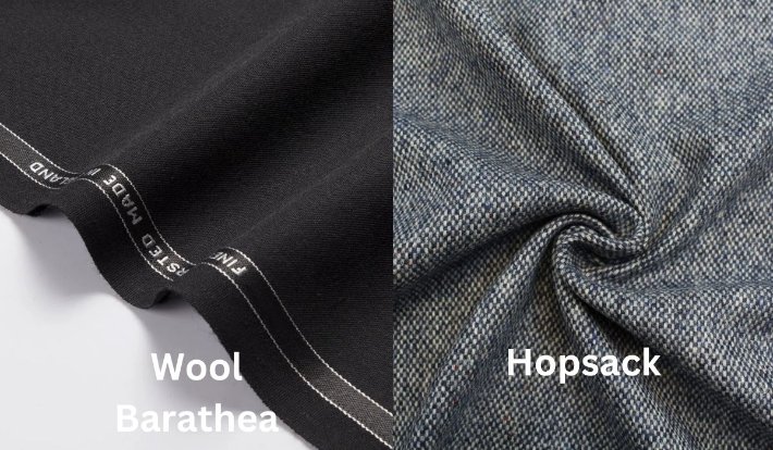 Comparison of barathea and hopsack fabrics showing weave openness and texture