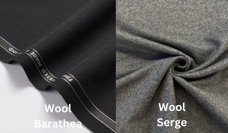 Barathea and wool serge fabrics compared for durability and surface texture