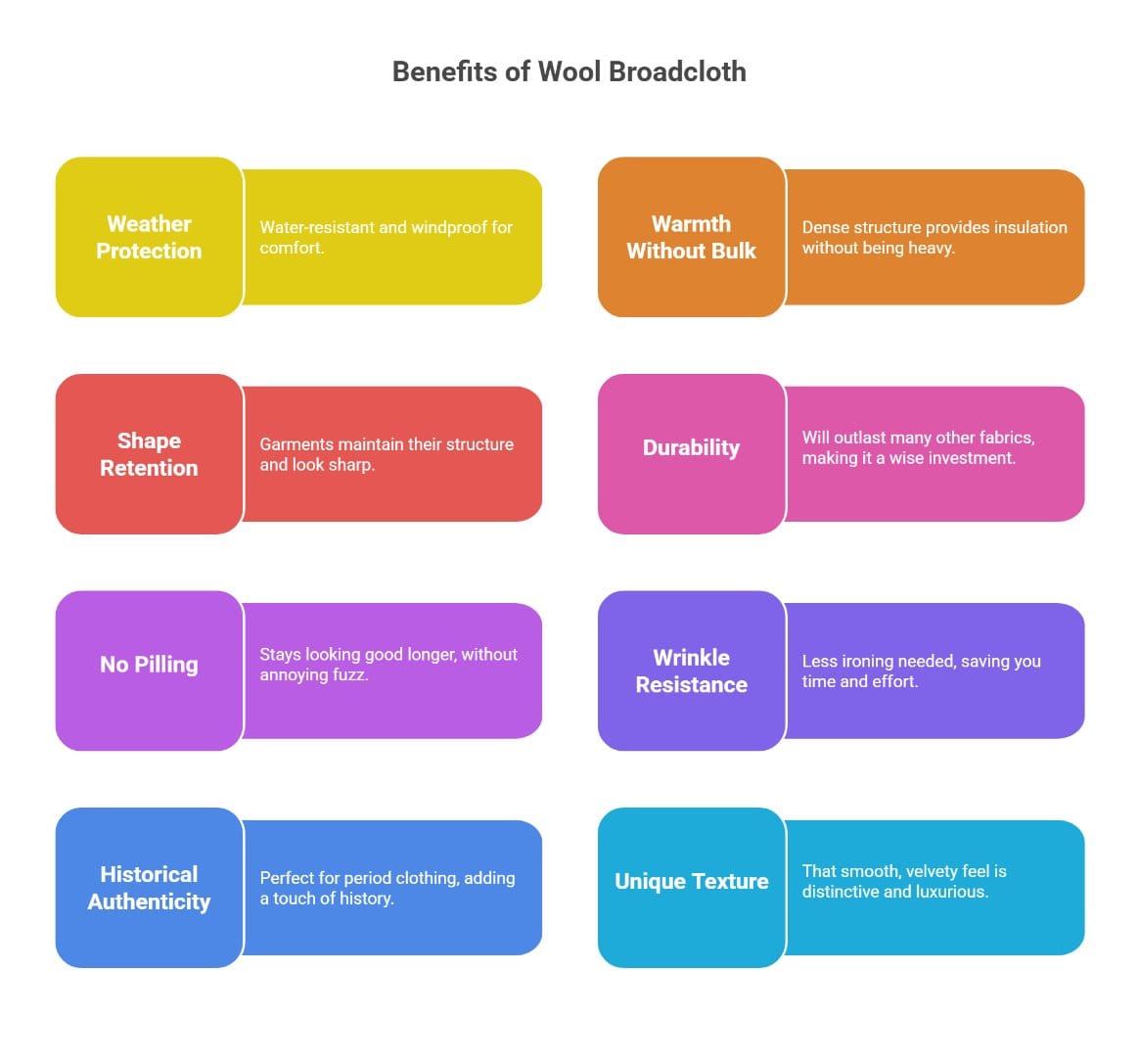 Benefits of wearing wool broadcloth fabric showing durability warmth weather resistance and smooth texture