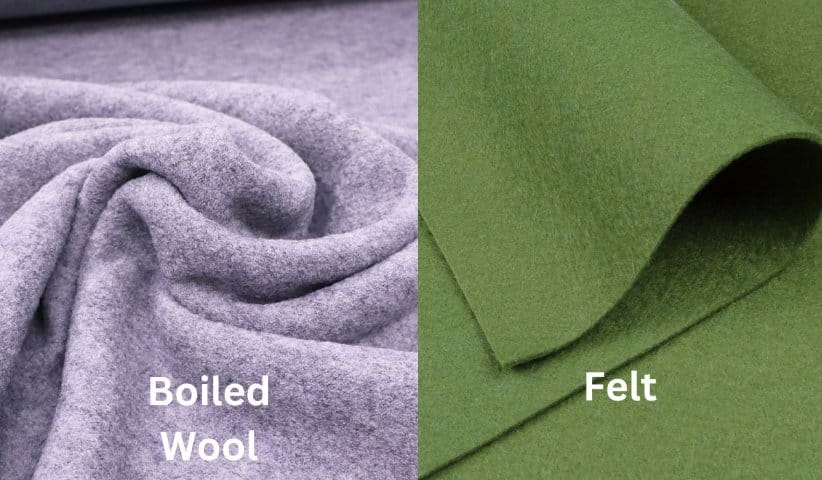 Comparison of boiled wool and felt fabric showing differences in texture, density, and construction