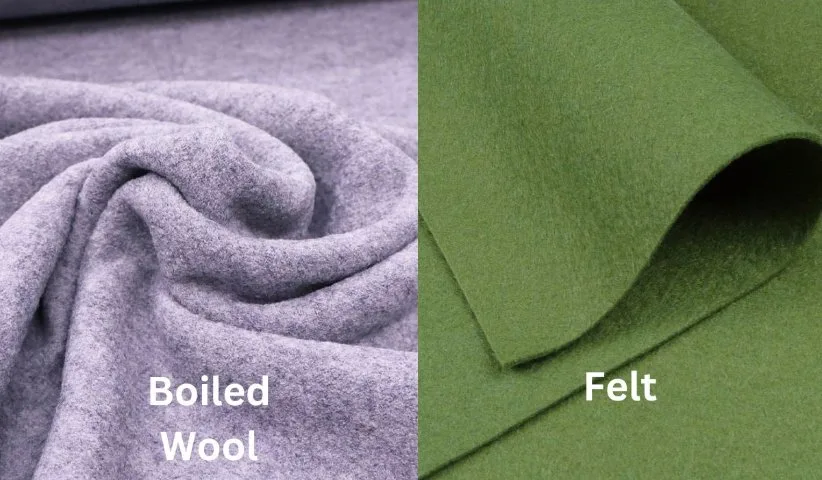 Comparison of boiled wool and felt fabric showing differences in texture, density, and construction