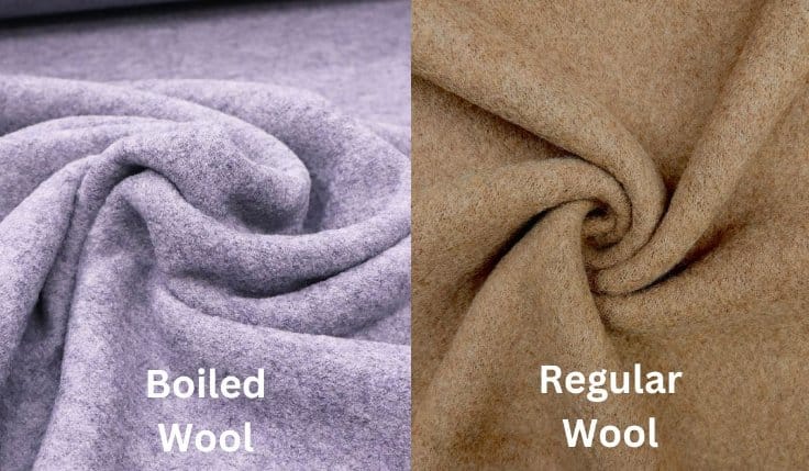 Comparison of boiled wool and regular wool fabric showing differences in texture, thickness, and finish