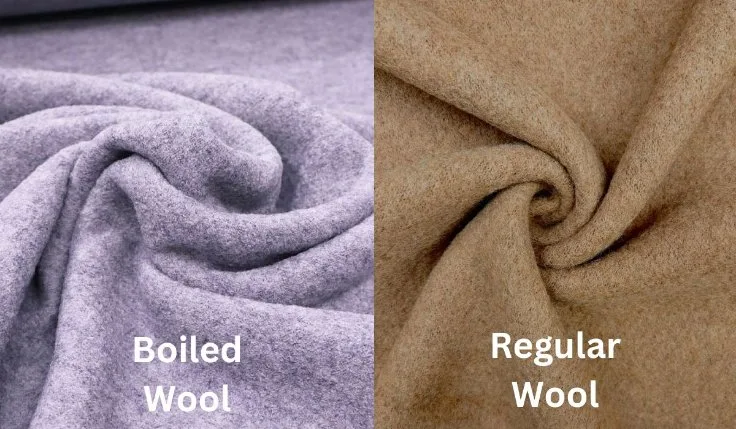 Comparison of boiled wool and regular wool fabric showing differences in texture, thickness, and finish