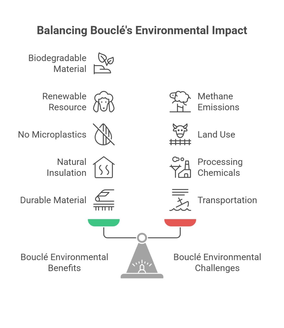 Bouclé fabric environmental impact infographic showing sustainability benefits and production challenges