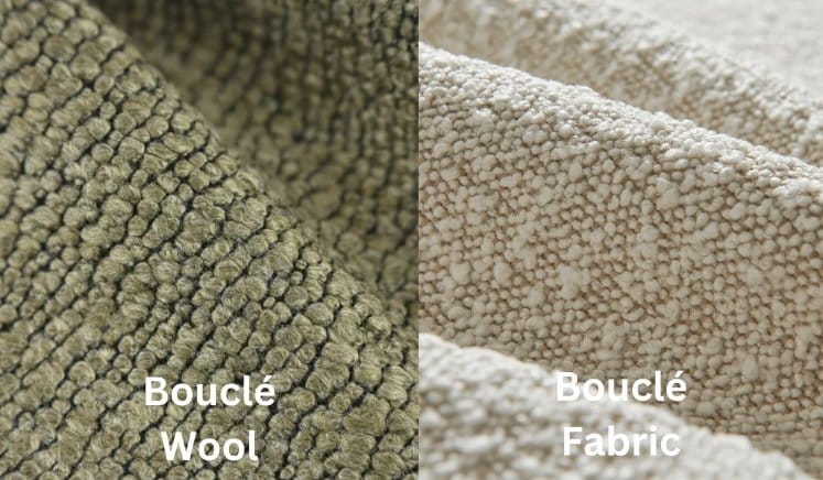 Comparison of bouclé wool and bouclé fabric showing natural wool versus blended or synthetic texture