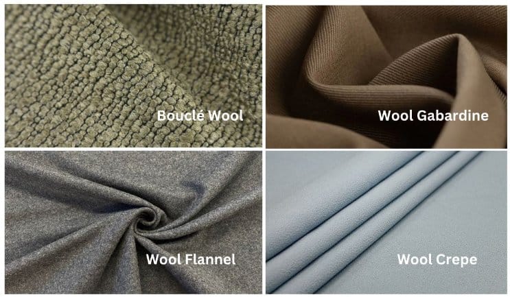 Comparison of bouclé wool with gabardine, flannel, and wool crepe fabrics showing texture differences