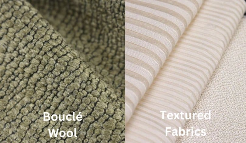 Comparison of bouclé wool fabric and textured fabrics showing looped yarn structure versus smooth woven textures