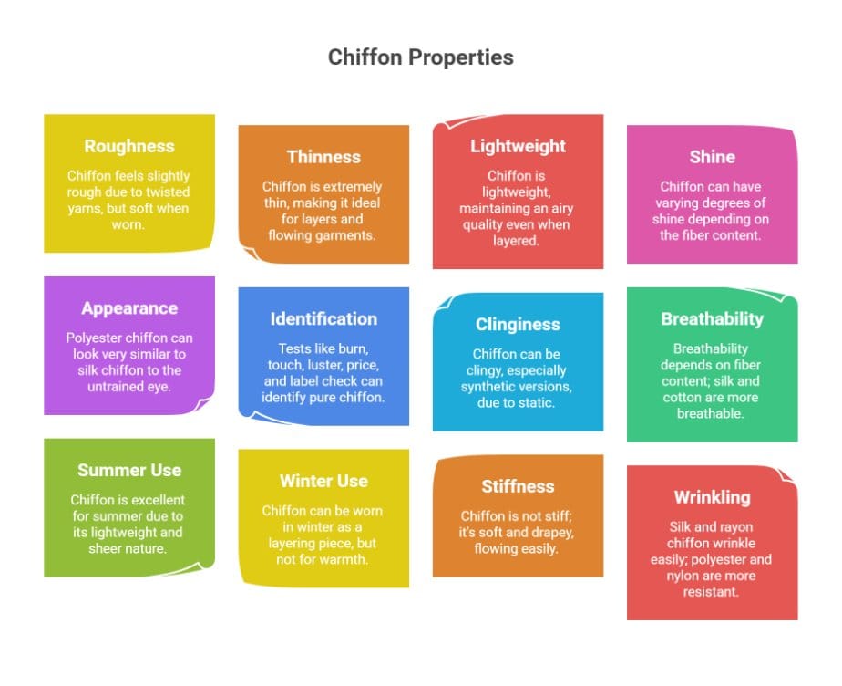 Infographic explaining chiffon properties including lightweight feel and breathability