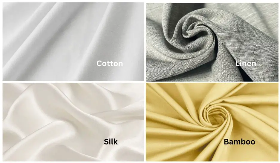 Comparison of delaine wool fabric with cotton, linen, silk, and bamboo fabrics showing texture and drape differences