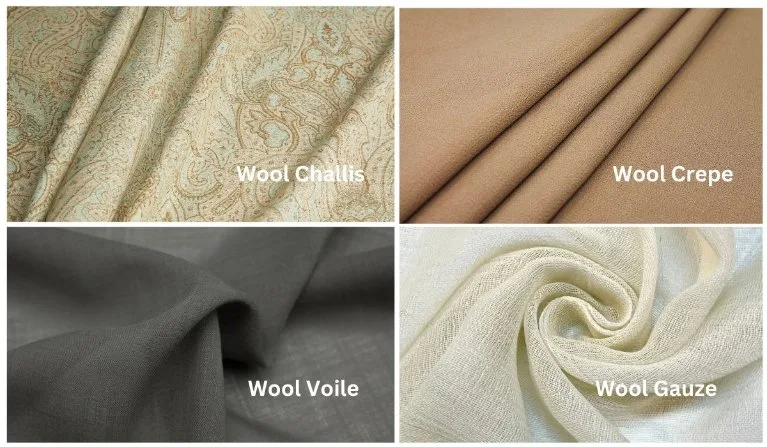 Comparison of delaine wool with lightweight wool fabrics including wool challis, wool crepe, wool voile, and wool gauze