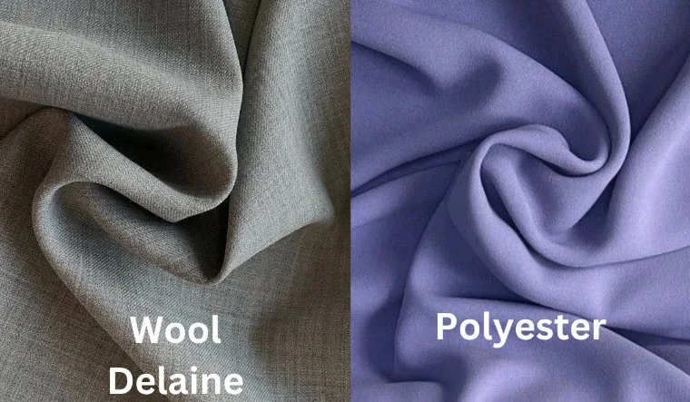 Delaine wool fabric compared with polyester fabric showing natural versus synthetic texture