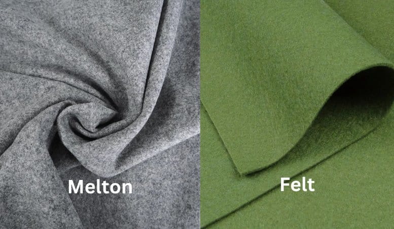 Comparison of felt fabric and melton wool fabric showing texture differences, density, and surface finish for winter textiles