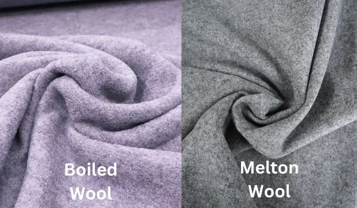 Melton wool and boiled wool fabric comparison showing differences in finish, density, and structure