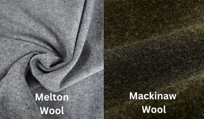 Melton wool and Mackinaw wool fabric comparison showing weave density, texture, and thickness for cold weather clothing