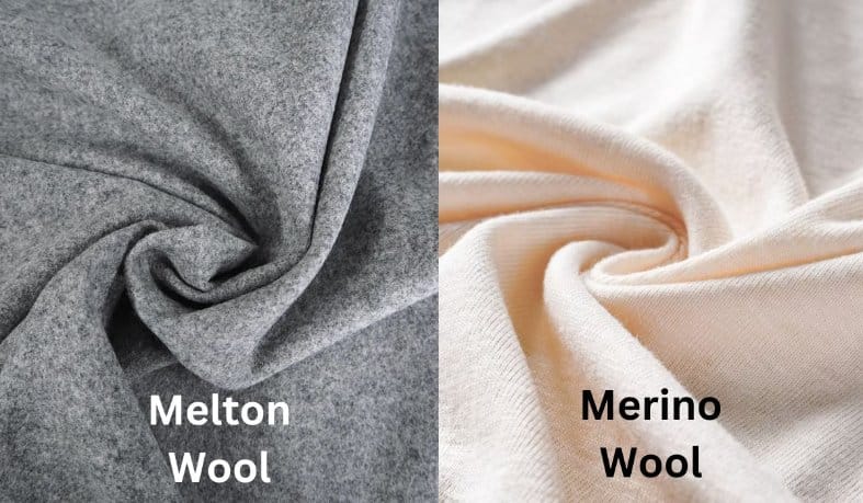 Merino wool and melton wool fabric comparison showing softness, weave, and surface texture