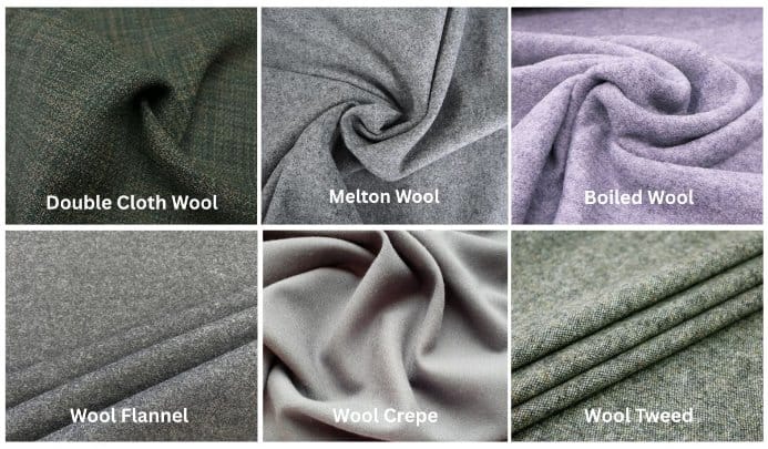 Comparison of double cloth wool with melton wool, boiled wool, flannel, crepe, and tweed fabrics