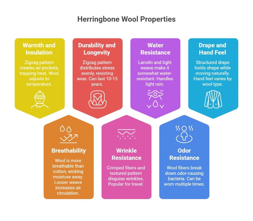 Infographic showing herringbone wool properties including warmth, durability, breathability, and wrinkle resistance