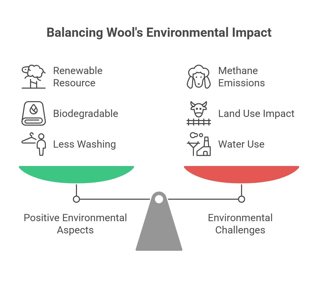 Infographic balancing positive and negative environmental impacts of wool fabric