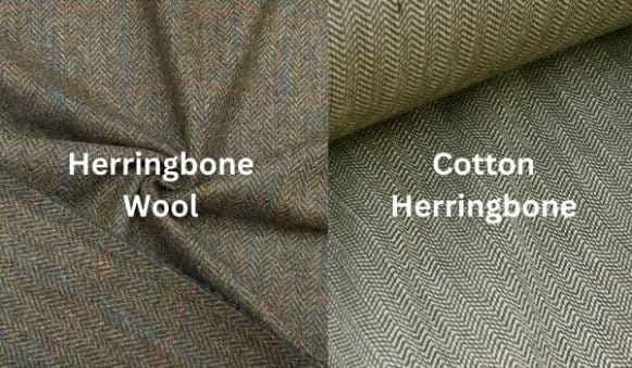 Side by side comparison of herringbone wool fabric and cotton herringbone fabric
