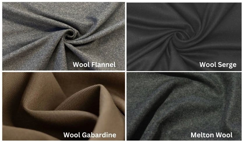 Comparison of wool flannel, wool serge, wool gabardine, melton wool, and herringbone wool textures