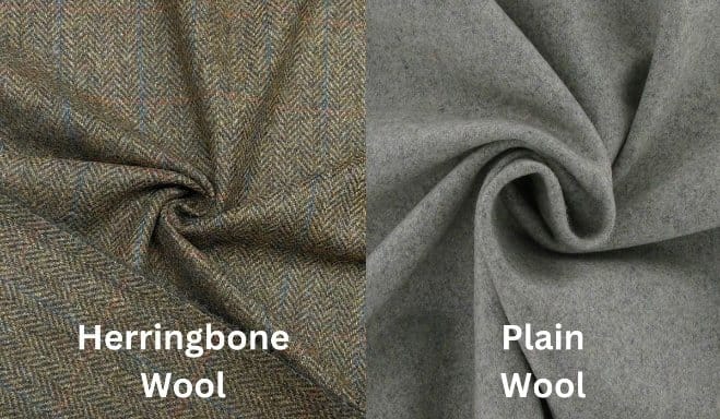 Side by side comparison of herringbone wool fabric and plain wool fabric
