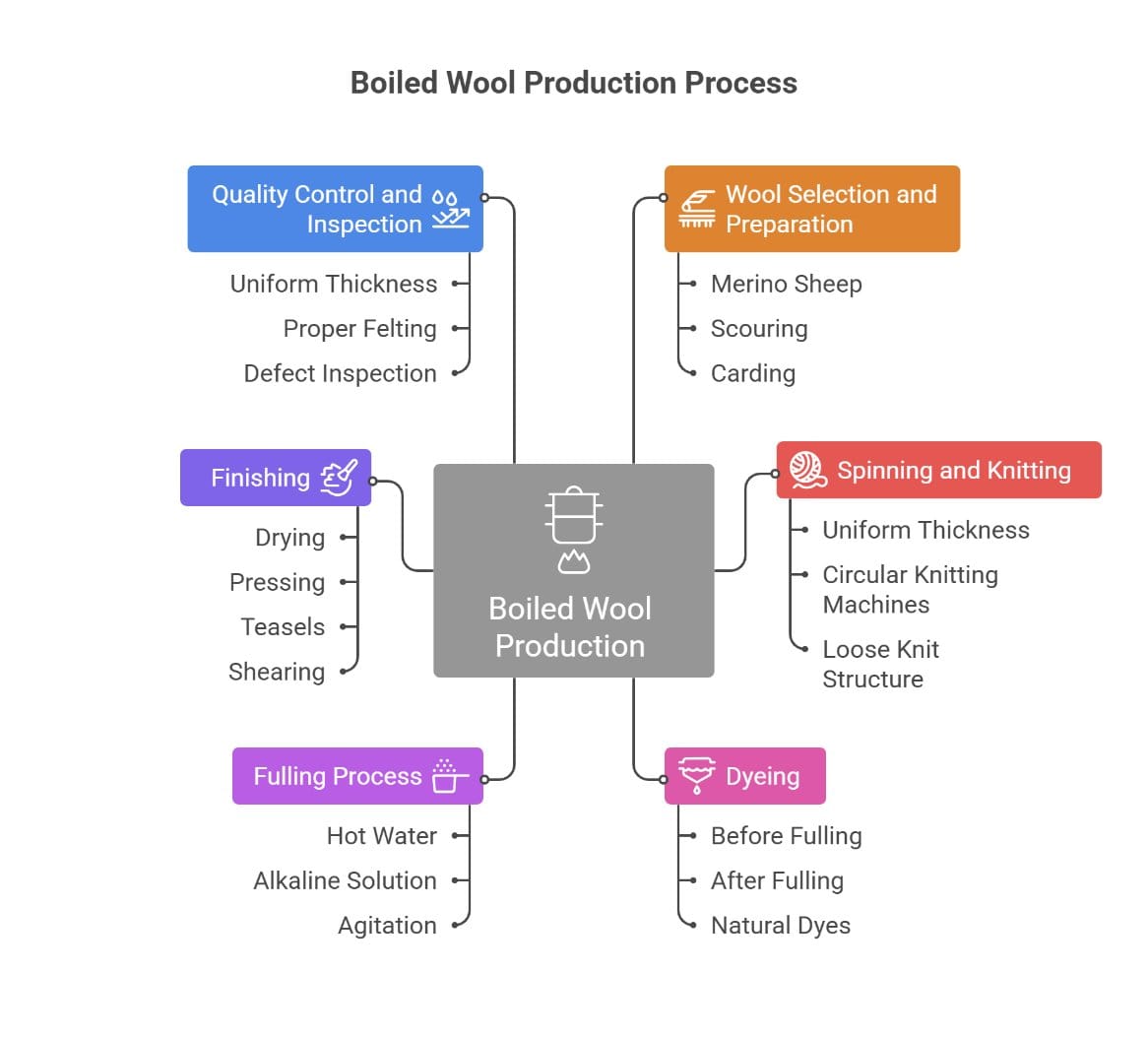 Boiled wool production process infographic showing wool preparation, knitting, fulling, dyeing, and finishing