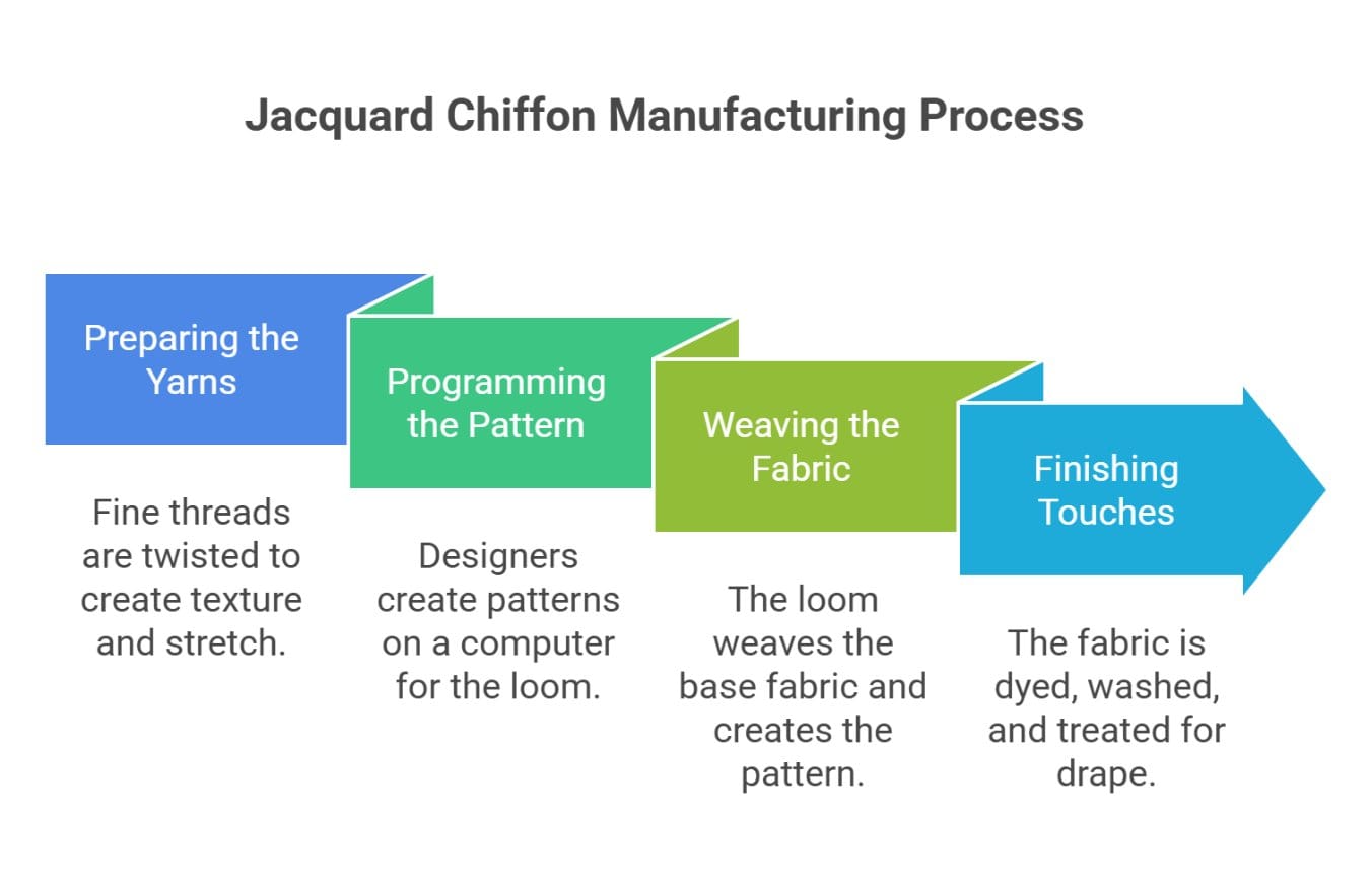 Jacquard chiffon manufacturing process diagram showing yarn preparation weaving and finishing stages