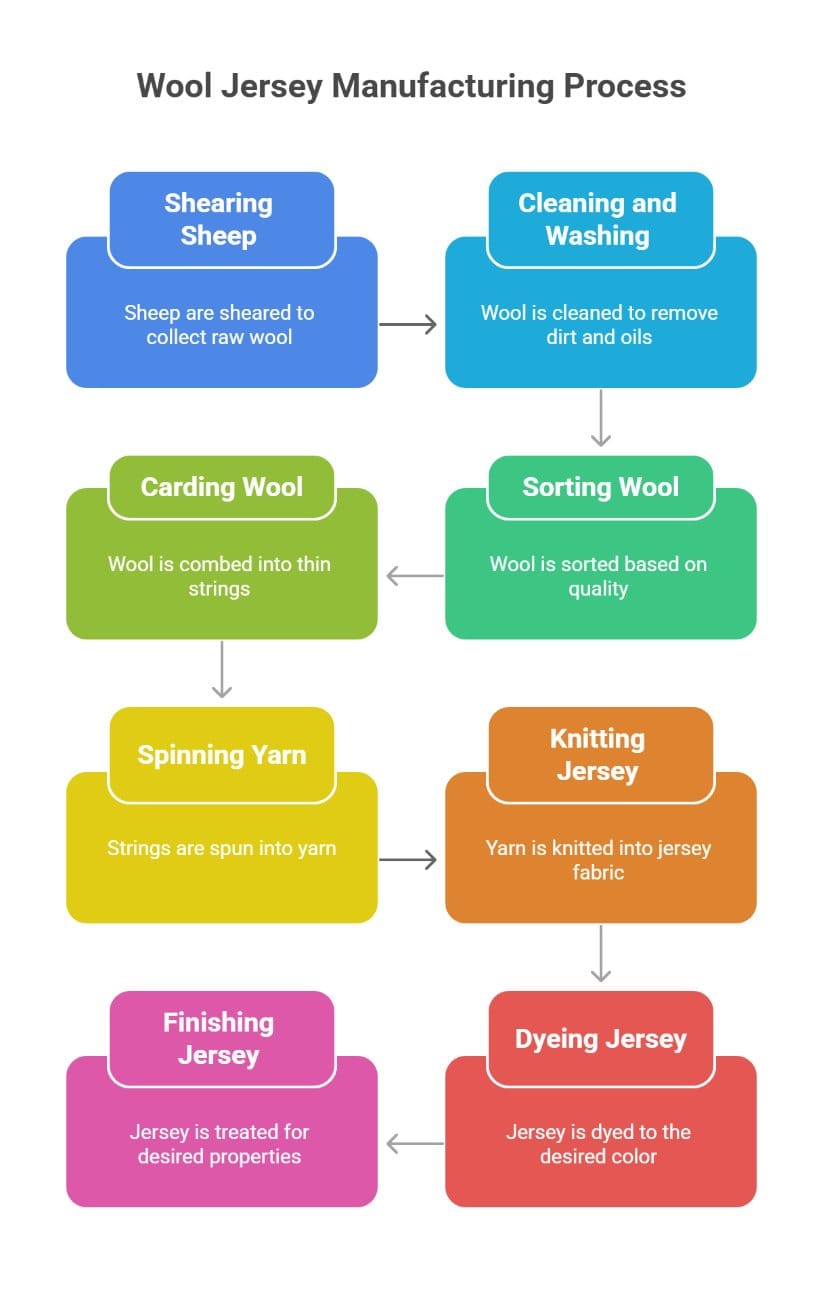 Wool jersey manufacturing process infographic showing shearing carding spinning knitting and finishing