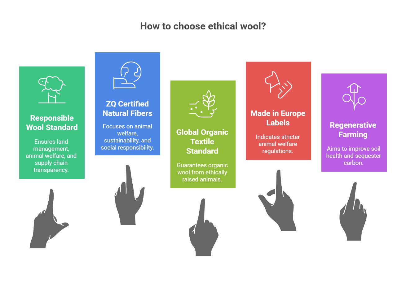 Infographic showing ethical wool certifications including Responsible Wool Standard, ZQ Certified, Global Organic Textile Standard, Made in Europe labels, and regenerative farming