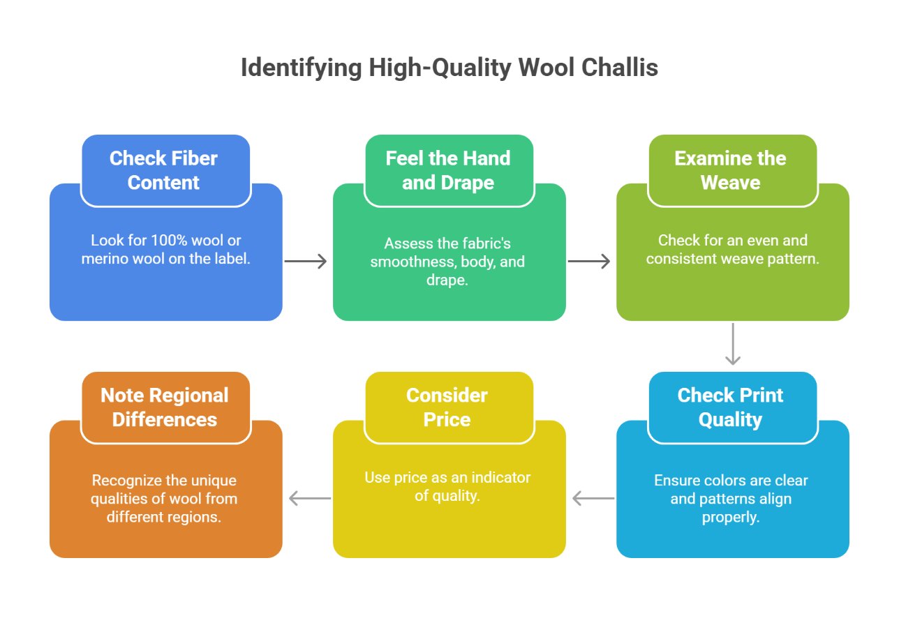 Visual guide showing how to identify high quality wool challis fabric through fiber content, weave, and drape