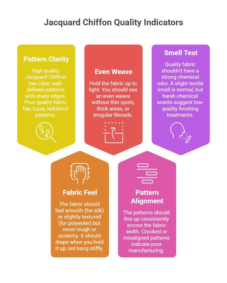 Quality indicators of jacquard chiffon including pattern clarity weave evenness and fabric feel