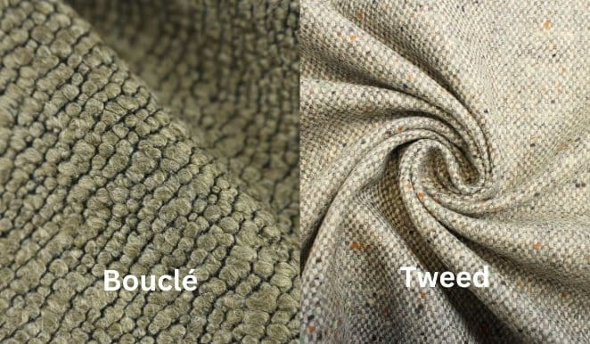 Bouclé wool and tweed fabric comparison showing looped bouclé texture versus woven tweed surface