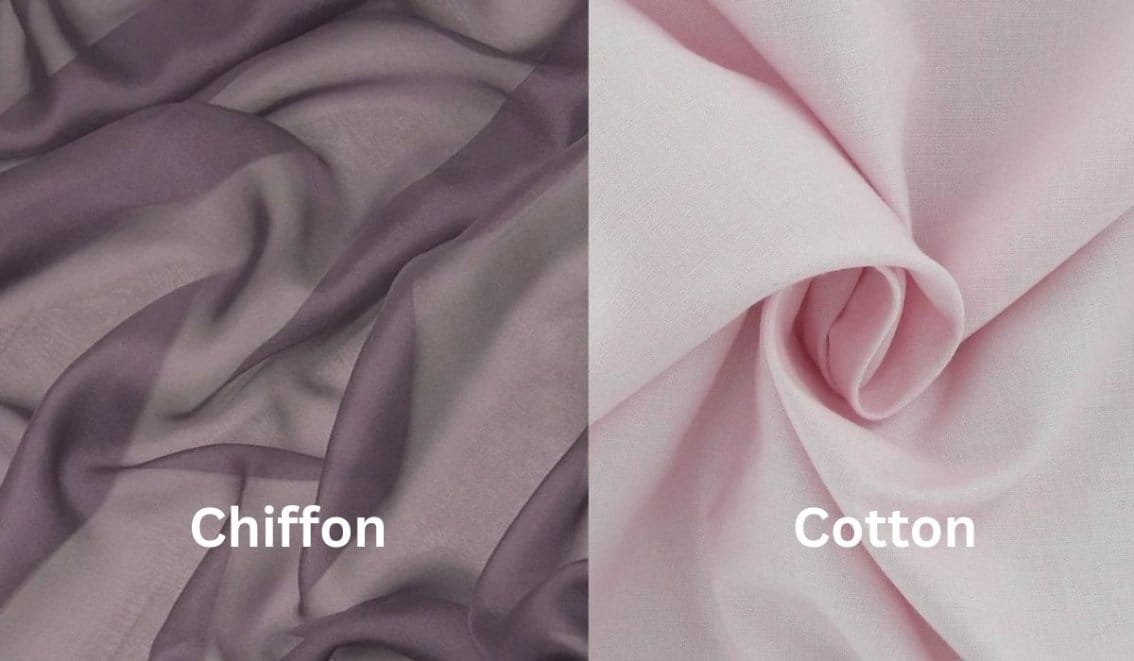 Side by side comparison of chiffon fabric and cotton fabric showing texture and weave differences
