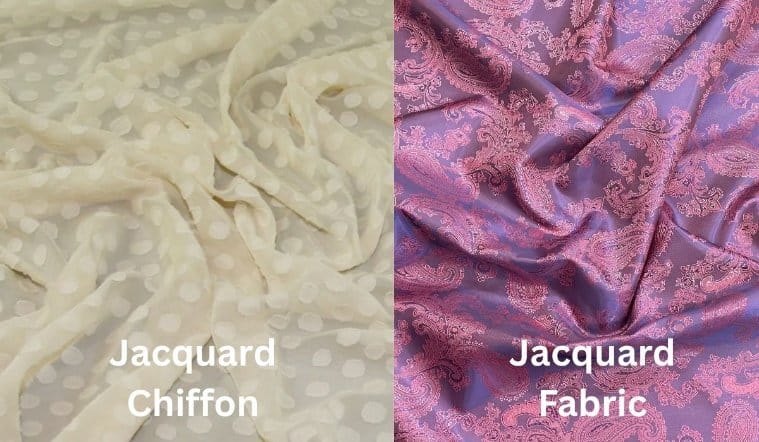 Comparison between jacquard chiffon and jacquard fabric showing texture transparency and weave differences