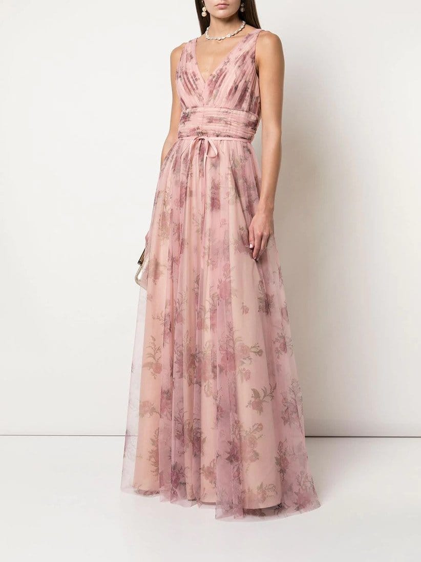 Jacquard chiffon bridesmaid dress with floral pattern and flowing floor length silhouette