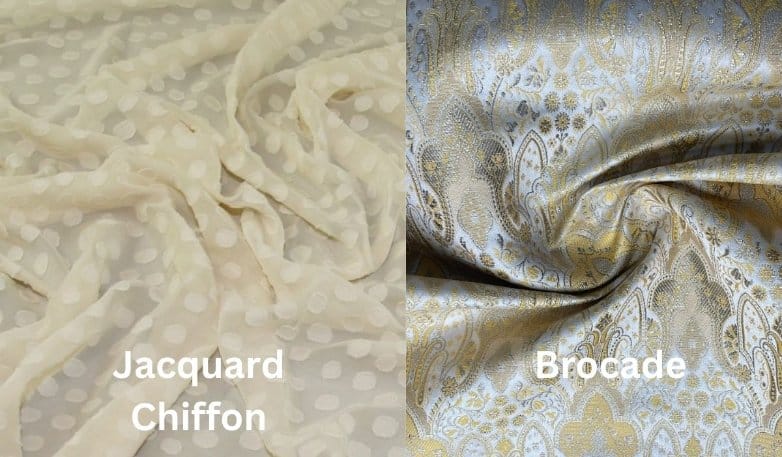 Comparison image showing jacquard chiffon fabric beside brocade fabric with texture differences