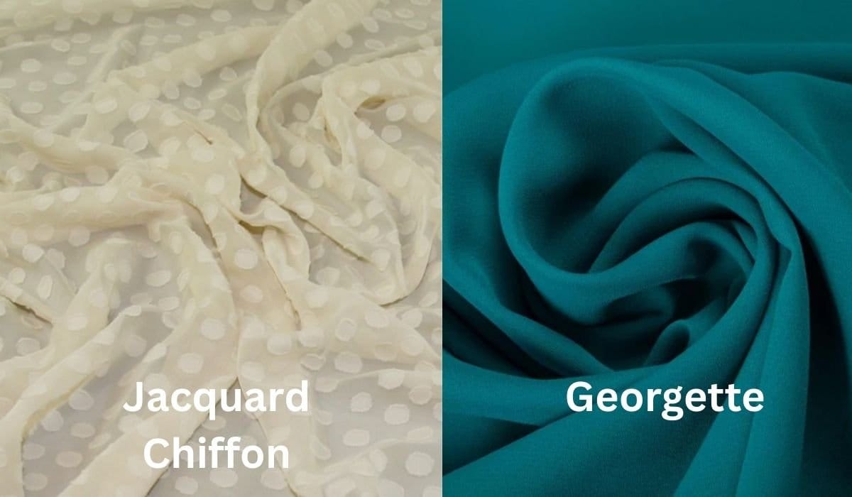 Side by side comparison of jacquard chiffon and georgette fabric showing drape and texture
