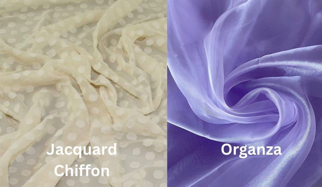 Comparison of jacquard chiffon and organza fabric showing softness versus stiffness