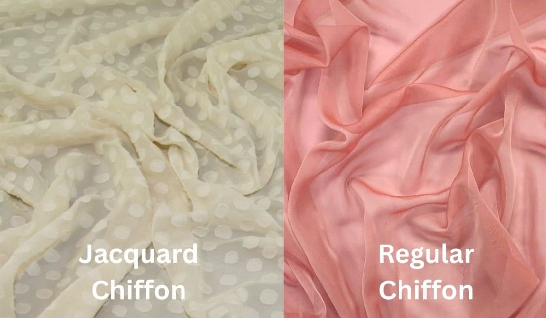 Comparison of jacquard chiffon and regular chiffon showing woven texture versus smooth finish