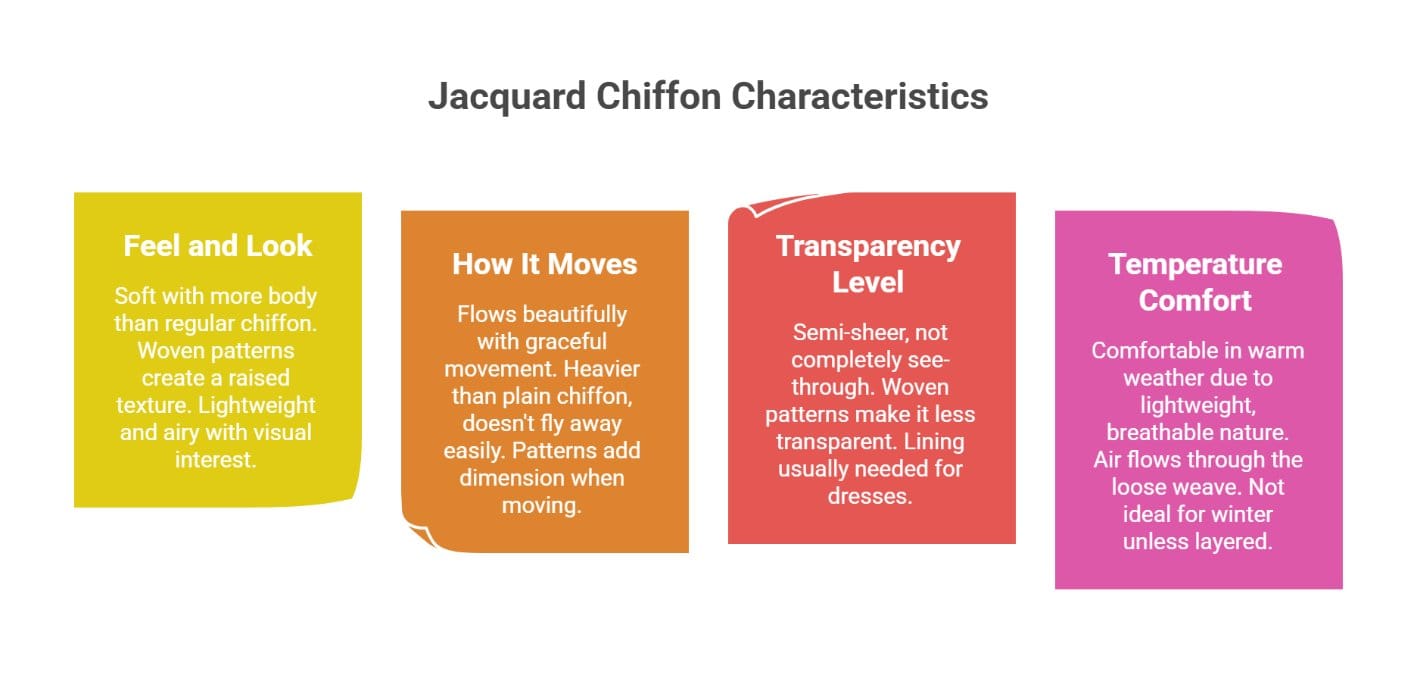 Infographic showing key properties of jacquard chiffon including drape transparency and comfort