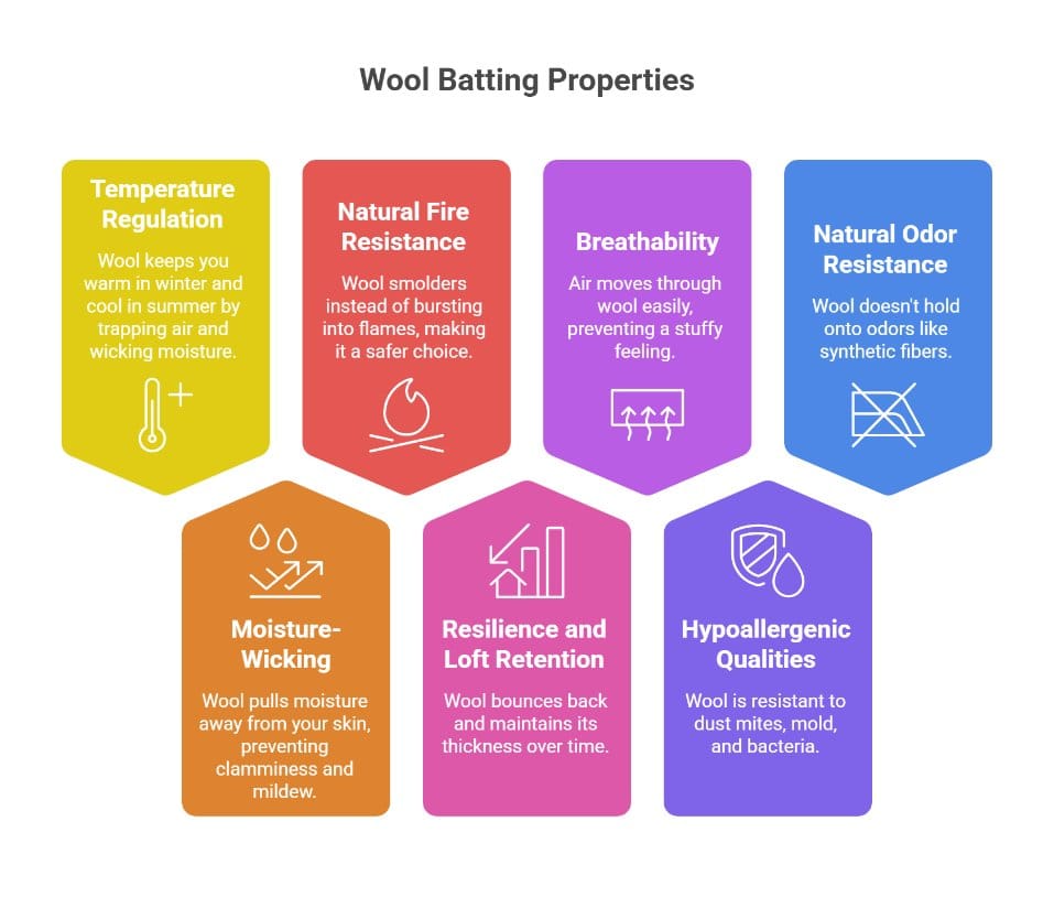 Wool batting properties infographic showing temperature regulation breathability moisture control and fire resistance