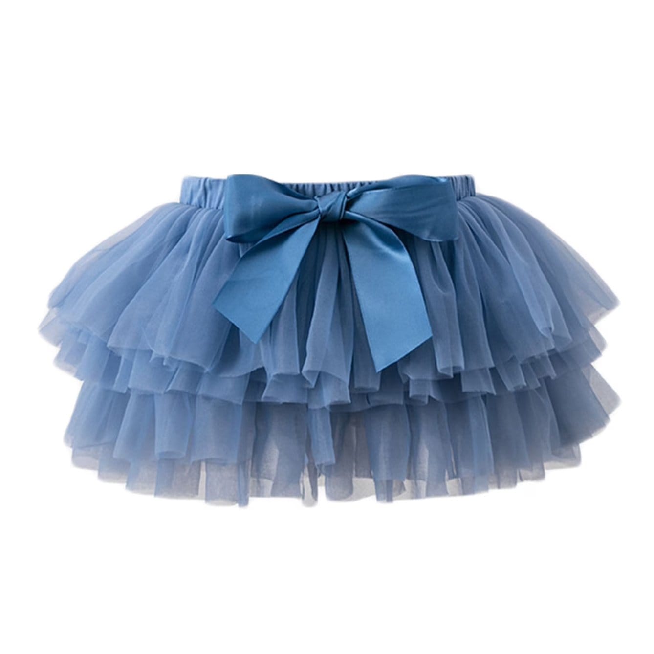 Blue layered chiffon tutu skirt with bow showing fluffy volume and lightweight structure for kids costumes