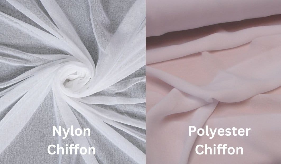 Side by side comparison of nylon chiffon and polyester chiffon fabric textures showing differences in drape and softness