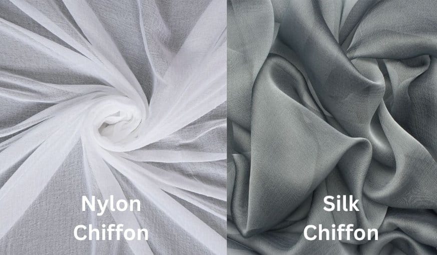 Fabric comparison of nylon chiffon and silk chiffon showing sheen transparency and luxury texture contrast