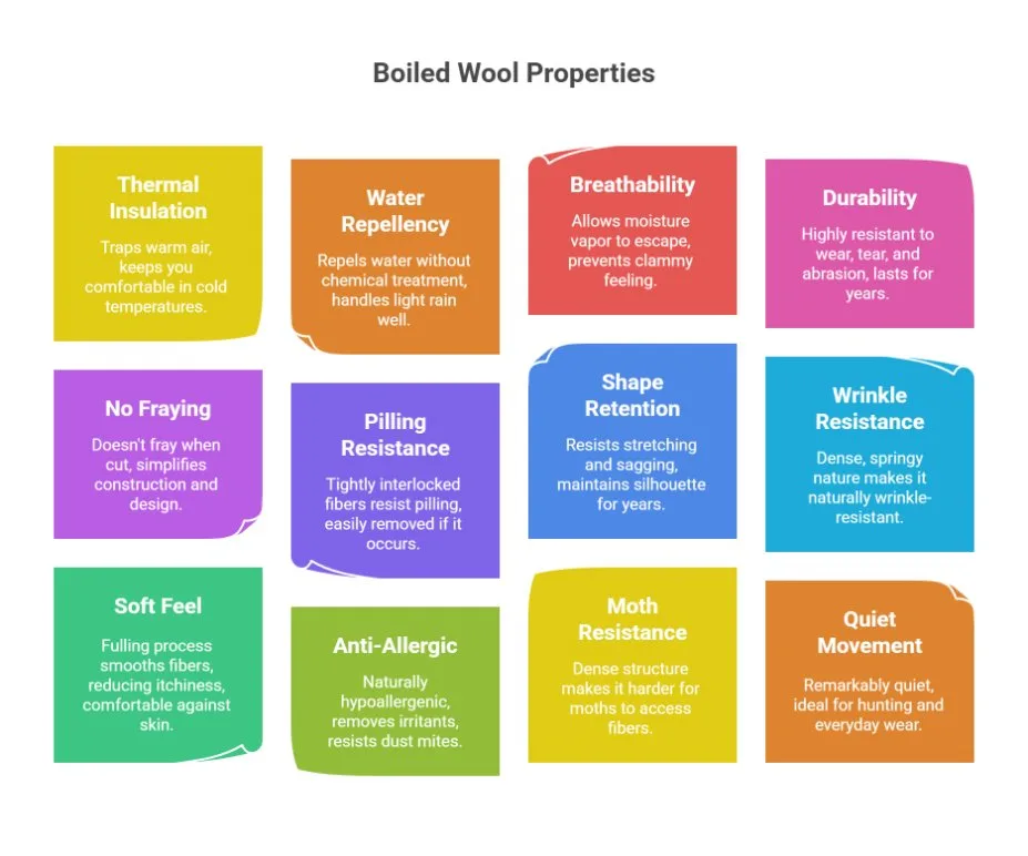 Boiled wool properties infographic showing insulation, durability, breathability, and wrinkle resistance